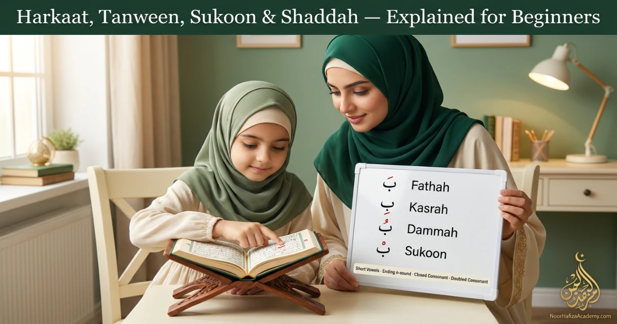 Harkaat Tanween Sukoon and Shaddah explained for Quran beginners by a female Quran teacher