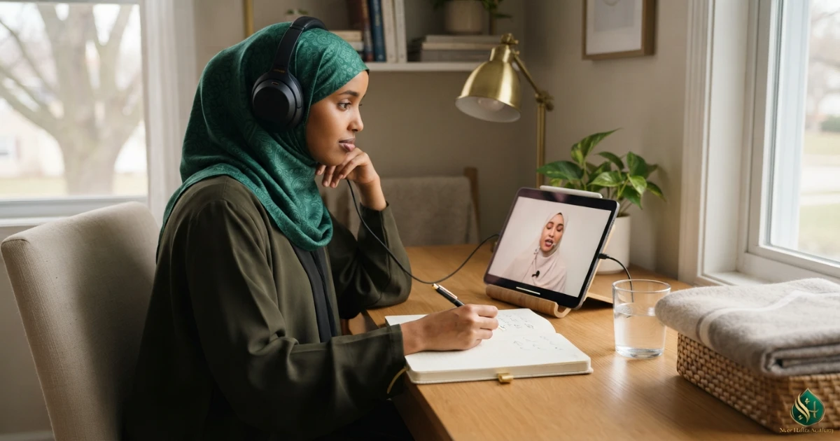 New Muslim woman practising short Surahs and essential prayer recitation with guided pronunciation