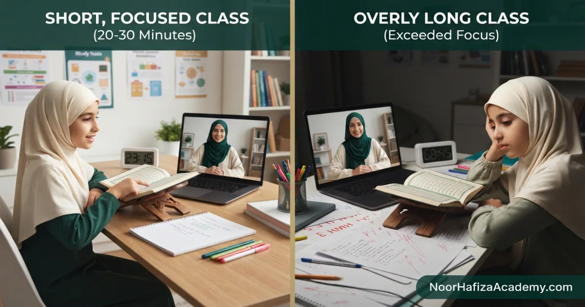 Short focused Quran class compared with an overly long online lesson for a child