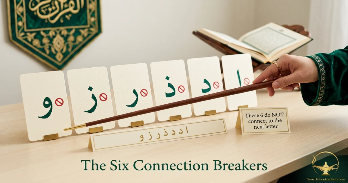 Six Arabic letters Alif Dal Dhal Ra Zay and Waw that do not connect to the following letter