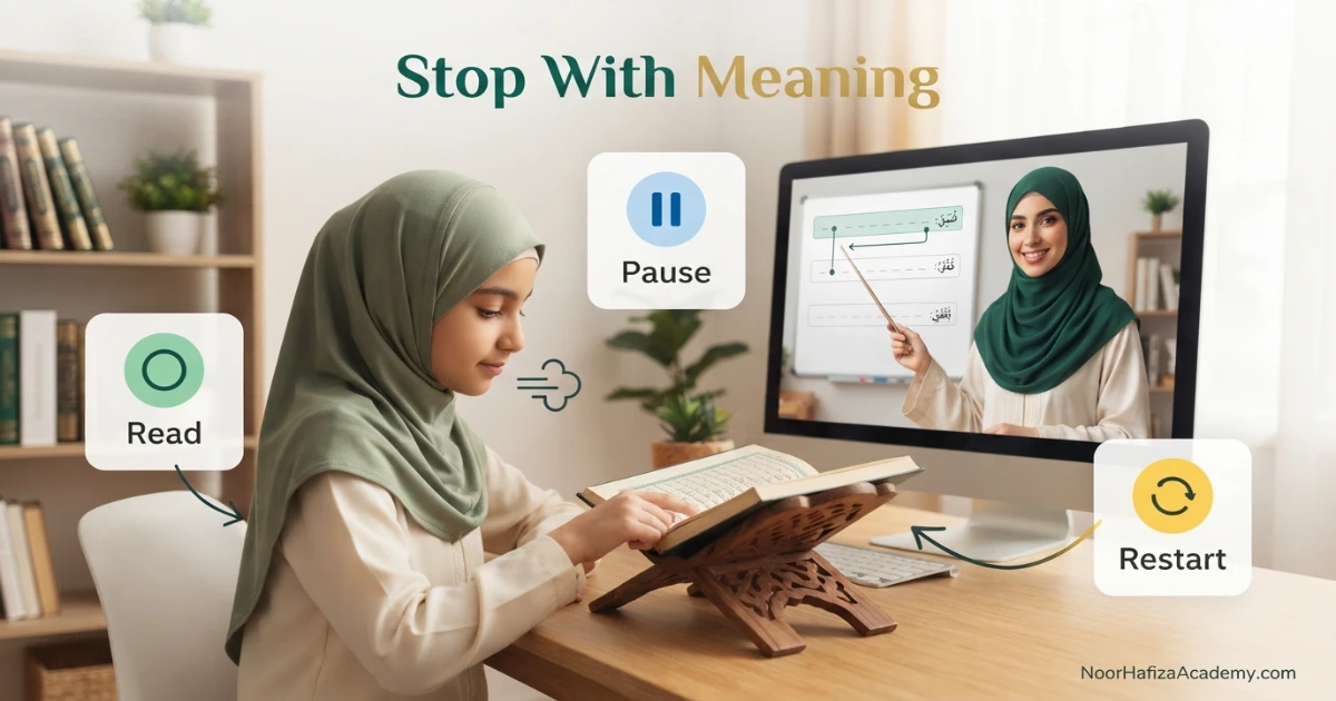 Tajweed rules for beginners explaining safe stopping and starting during Quran recitation