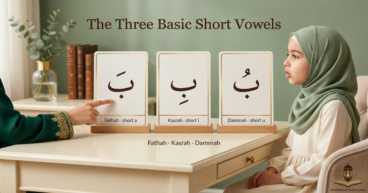 Fathah Kasrah and Dammah Harkaat explained with simple Arabic letter examples for Quran beginners