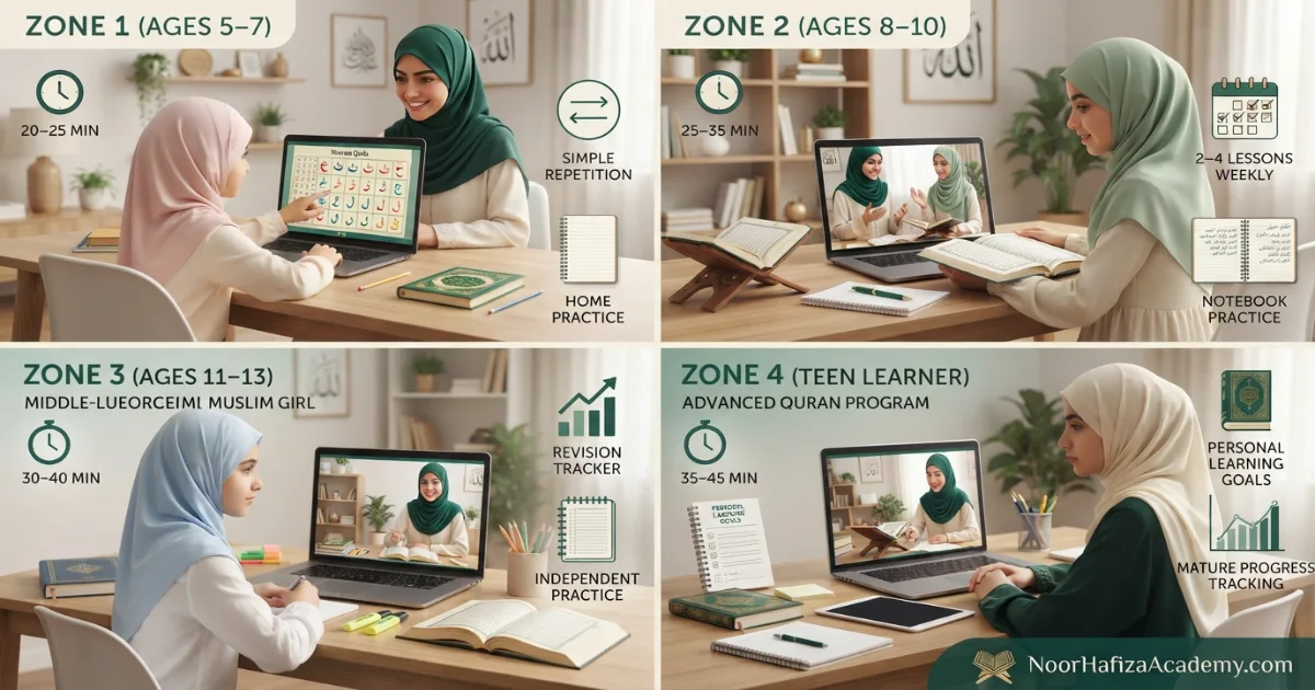 Daily summer Quran routine for a Muslim girl with online class practice outdoor play meals prayer and family time