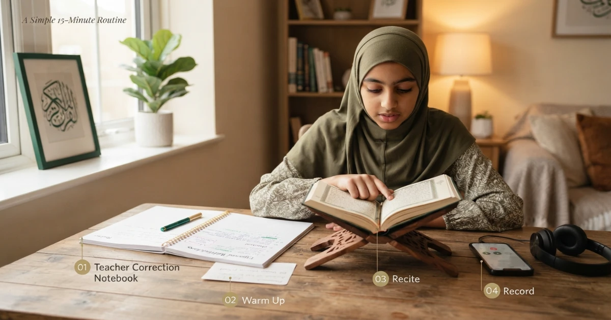 Simple home Tajweed practice routine with warm-up recitation rule focus and review