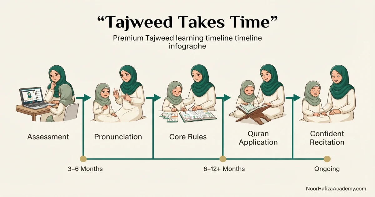 Tajweed learning timeline from pronunciation foundations and basic rules to confident Quran recitation