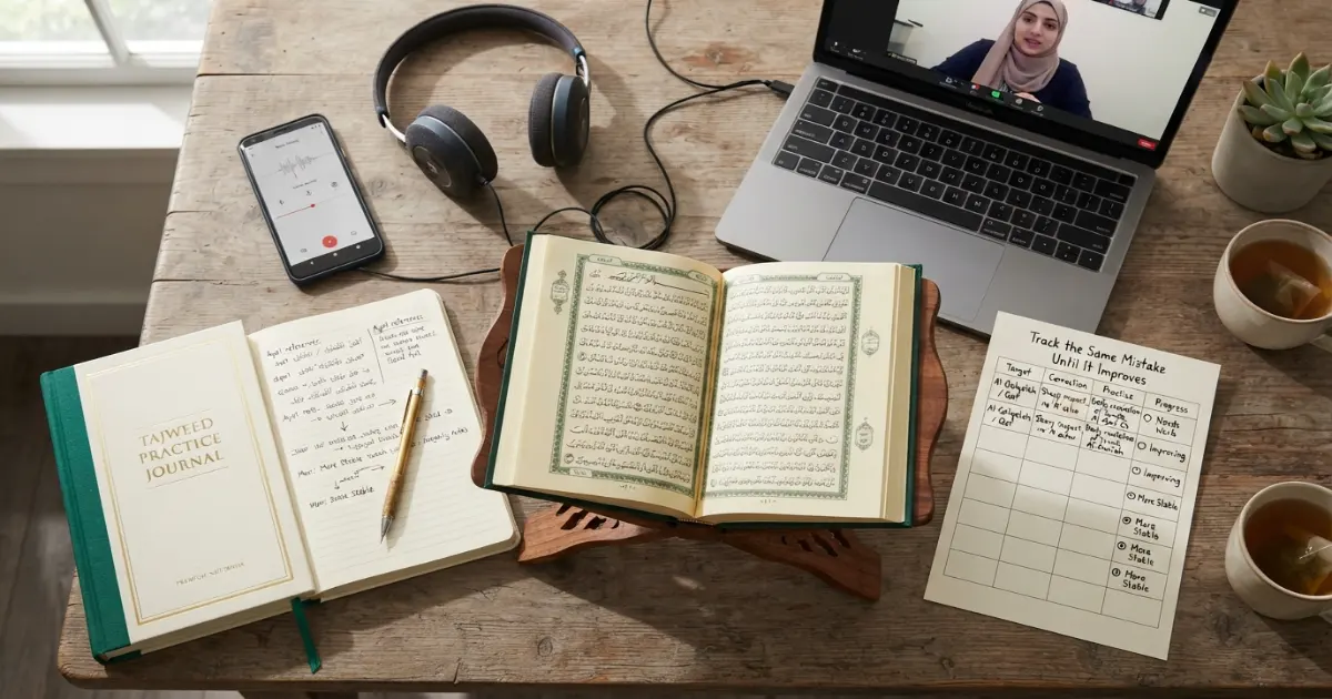 Tajweed mistake tracker showing repeated errors rules and correction goals between lessons
