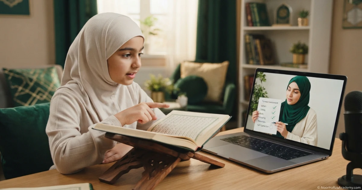 Tajweed progress assessment with a female Quran teacher checking pronunciation accuracy and independent application