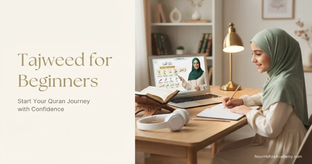 Tajweed rules for beginners taught by a female Quran teacher during a structured online lesson with a Muslim girl