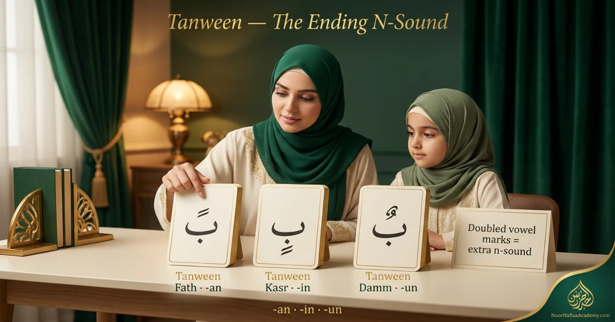 Tanween Fath Tanween Kasr and Tanween Damm explained for beginner Quran reading