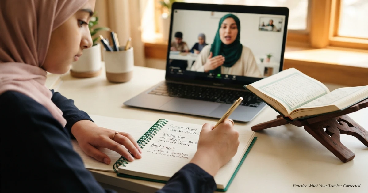 Tajweed teacher feedback notes used for focused Quran practice at home
