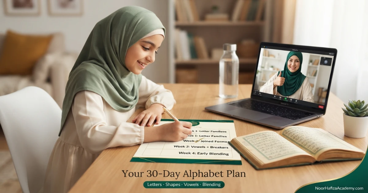 Thirty-day Arabic alphabet learning plan for Quran beginners with letters shapes sounds vowels and blending