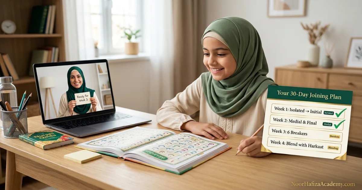 Thirty-day practice plan for learning how Arabic letters join in Quranic words