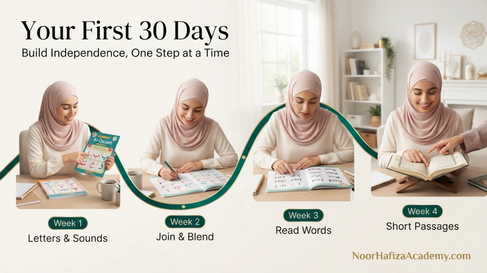 Thirty-day Quran reading plan for non-Arabic speakers covering letters sounds words Tajweed and short passages