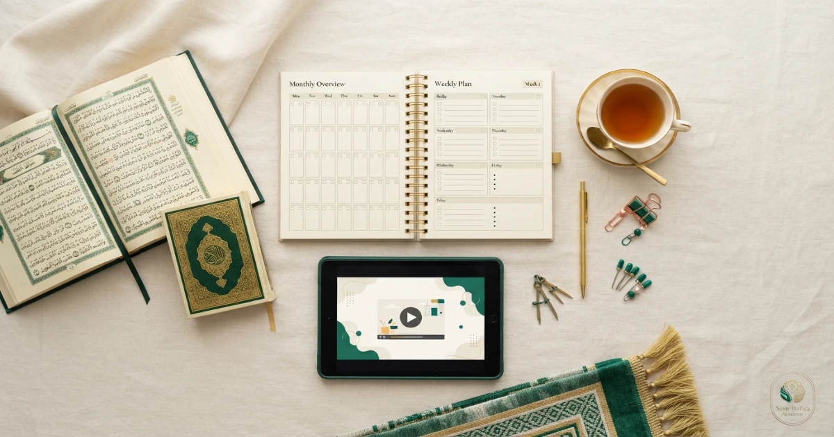 Thirty-day Quran learning plan for new Muslims with short daily practice weekly lessons and progress review