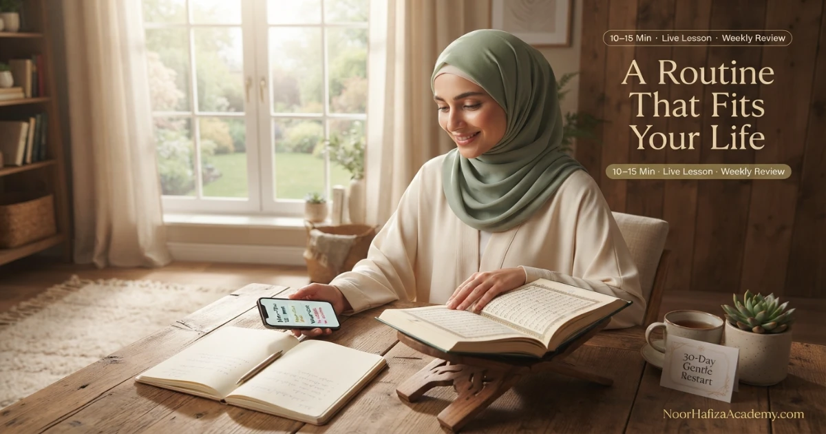 Thirty-day Quran reading restart routine for women with short daily practice and weekly review