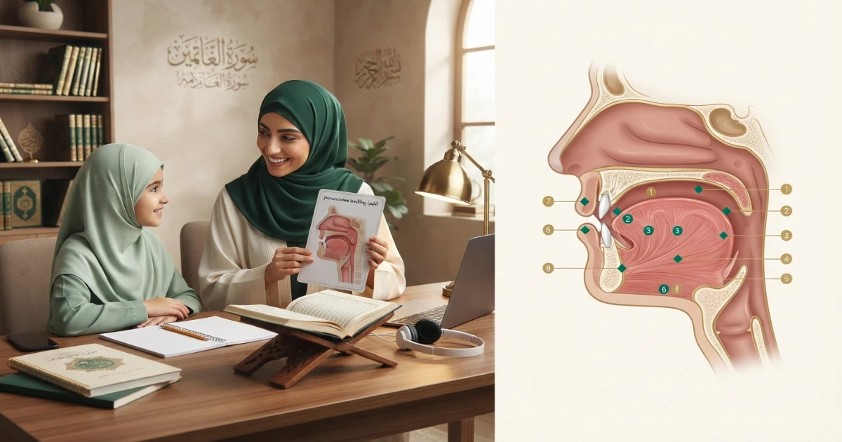 Tongue Makharij of Arabic letters showing the main articulation zones used in Quran recitation