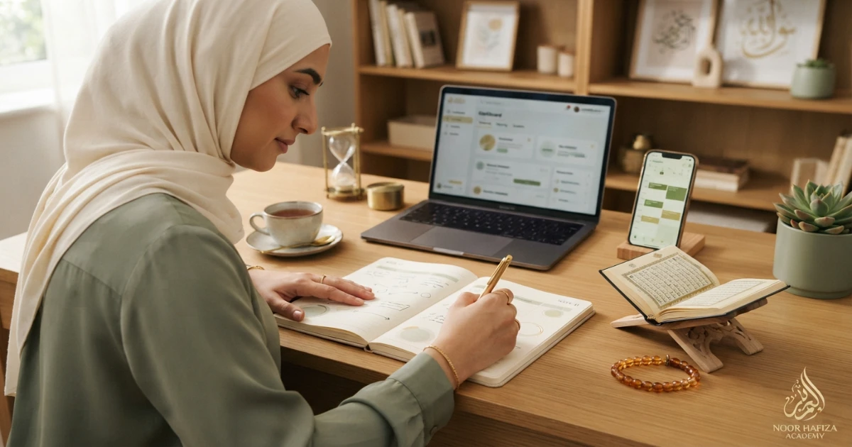 Busy Muslim mother tracking Quran reading Tajweed consistency and weekly progress in a simple study planner