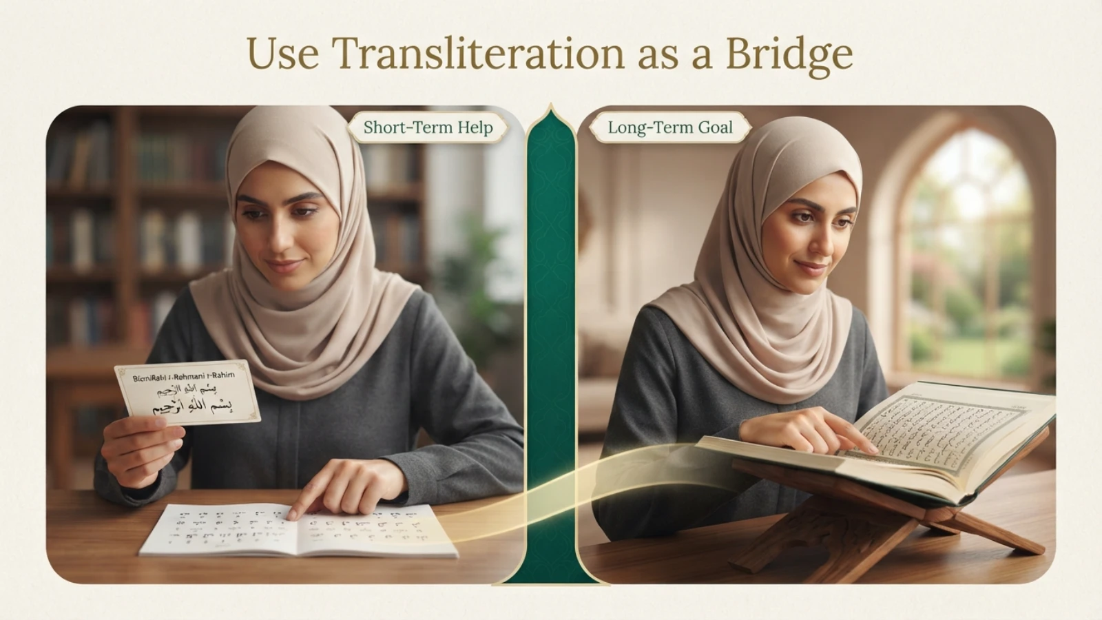 Quran transliteration compared with Arabic script for beginner Quran readers
