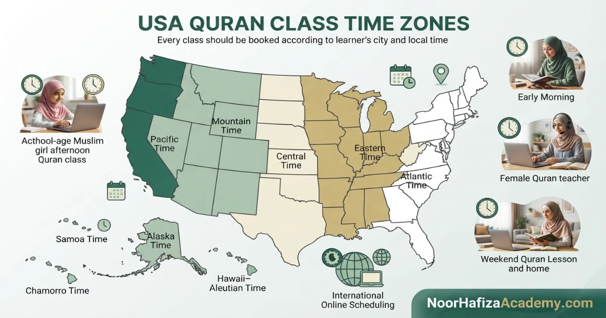 USA Quran class time zone guide covering Eastern Central Mountain Pacific Alaska Hawaii and U.S. territories