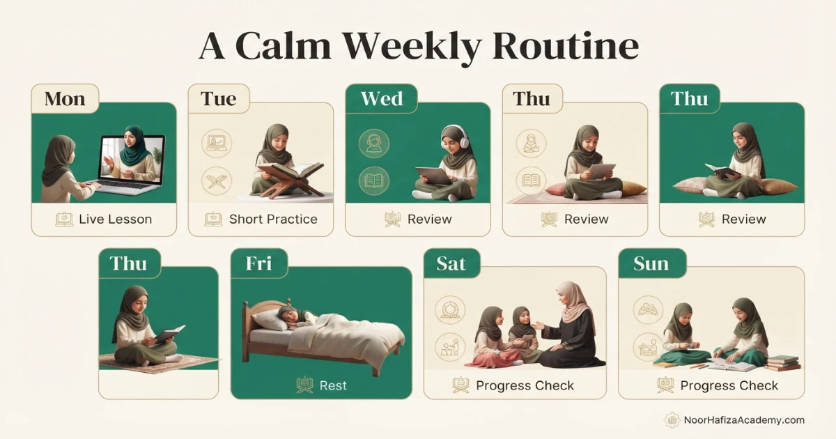 Weekly child Quran focus routine combining live lessons short practice lighter days sleep and family support