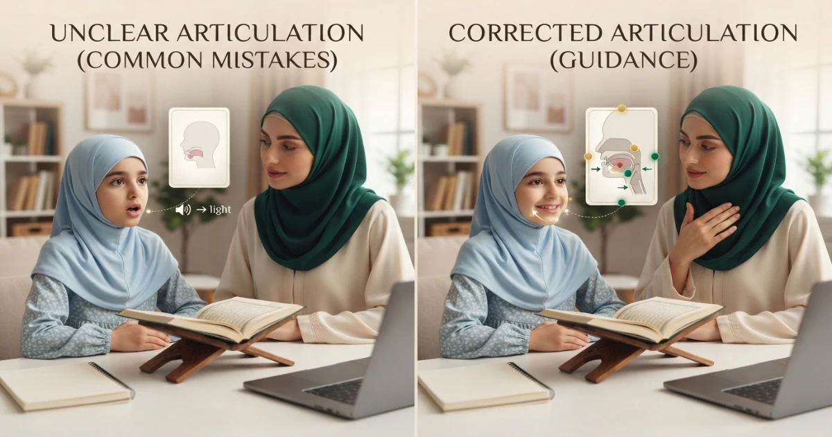 Weekly Makharij of Arabic letters practice plan with listening isolation comparison correction and Quran application