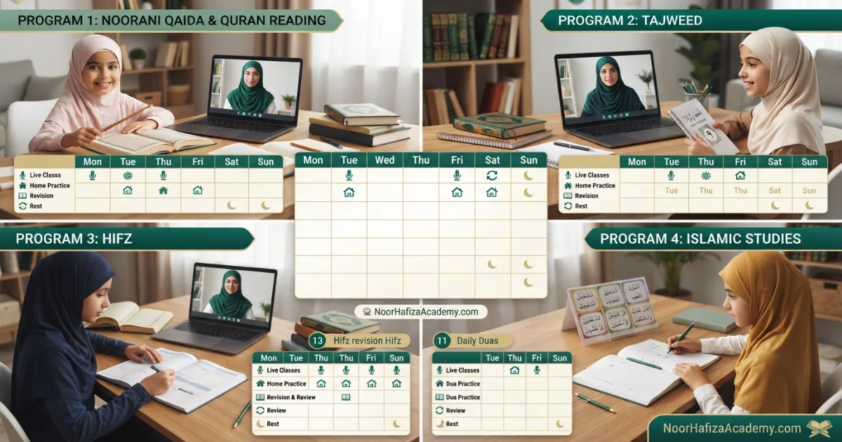 Weekly online Quran class schedule examples for Quran reading Tajweed Hifz and Islamic Studies