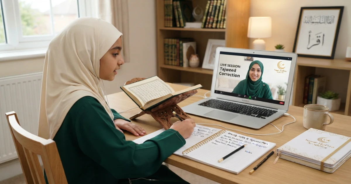 Weekly plan for correcting common Quran pronunciation mistakes through listening comparison repetition and Quran application