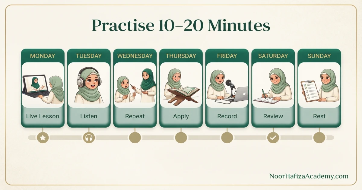 Weekly Tajweed practice plan with live lessons listening repetition correction and Quran application