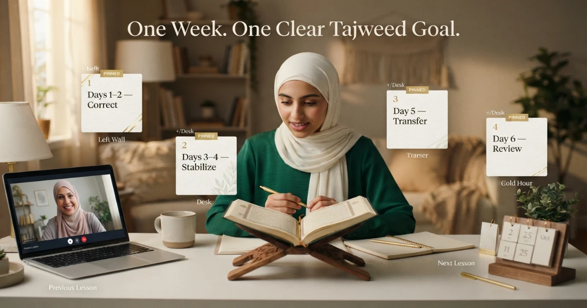 Weekly Tajweed review plan for online Quran students with daily short practice sessions