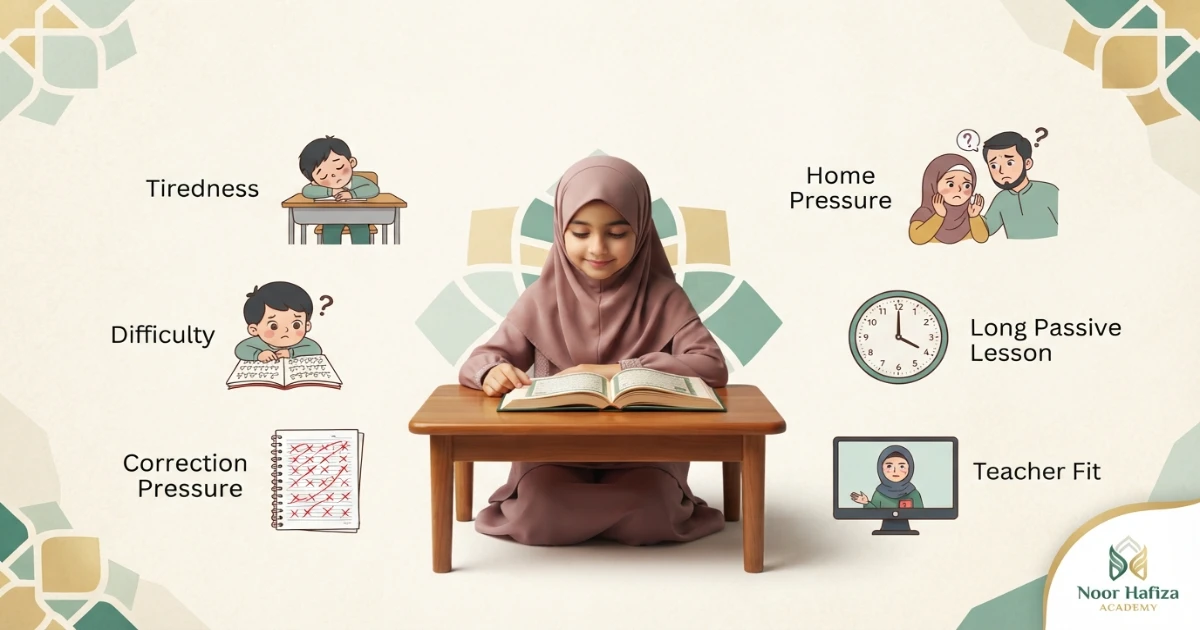 Common reasons a child refuses Quran class including tiredness difficulty timing pressure and poor lesson fit