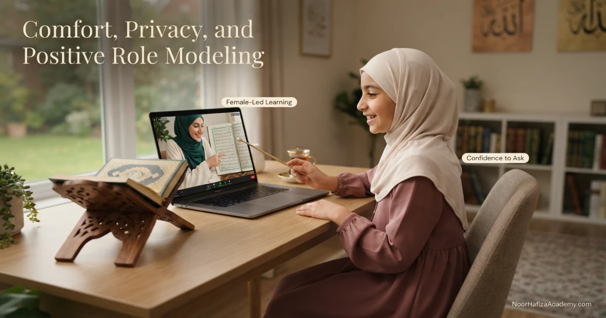 Muslim girl learning comfortably with a female Quran teacher during a private online Quran lesson