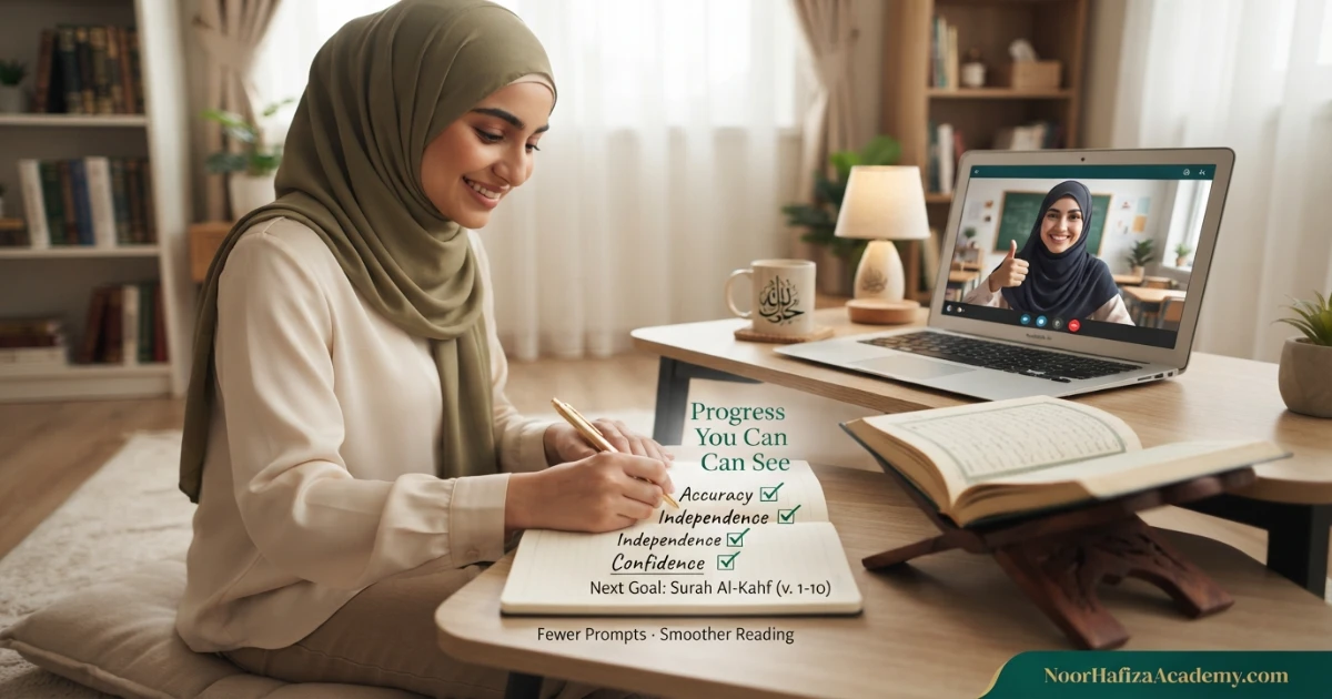 Muslim woman tracking Quran reading accuracy confidence practice and next goals after restarting