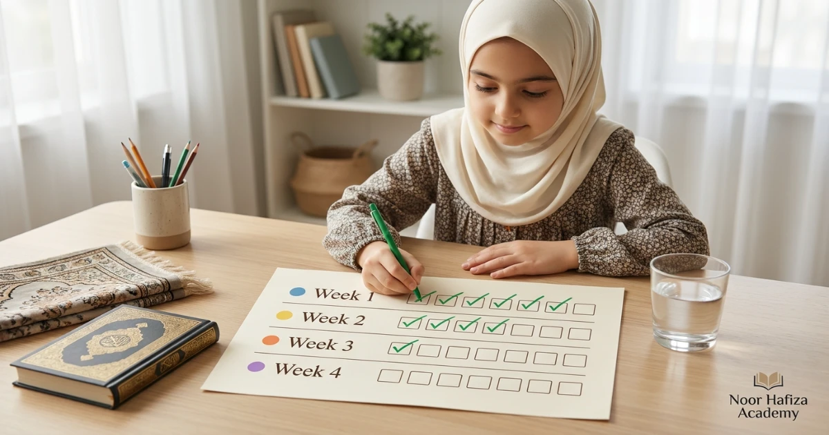 Salah learning progress tracker for children showing Wudu movements recitations and full prayer practice