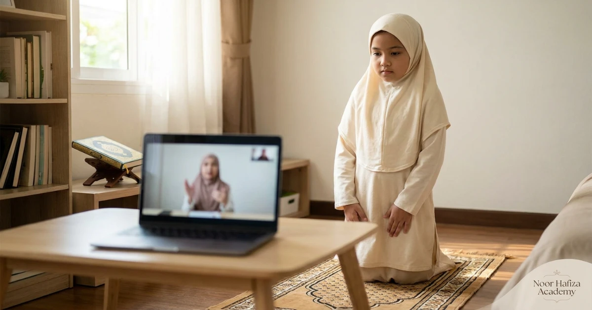 Child learning the sequence of Salah movements through guided online Islamic Studies practice