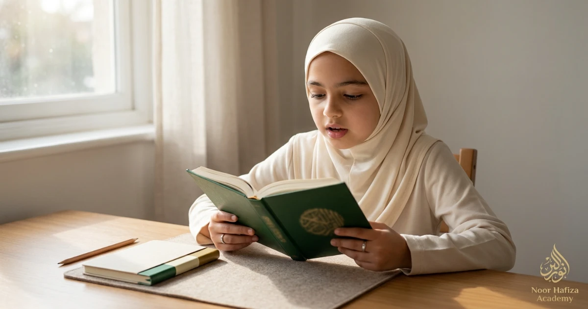 Muslim child practising Al-Fatihah and short Salah recitations carefully