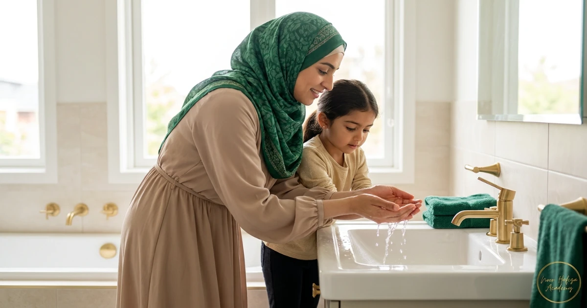 Islamic Studies teacher explaining Wudu preparation before teaching Salah to a child