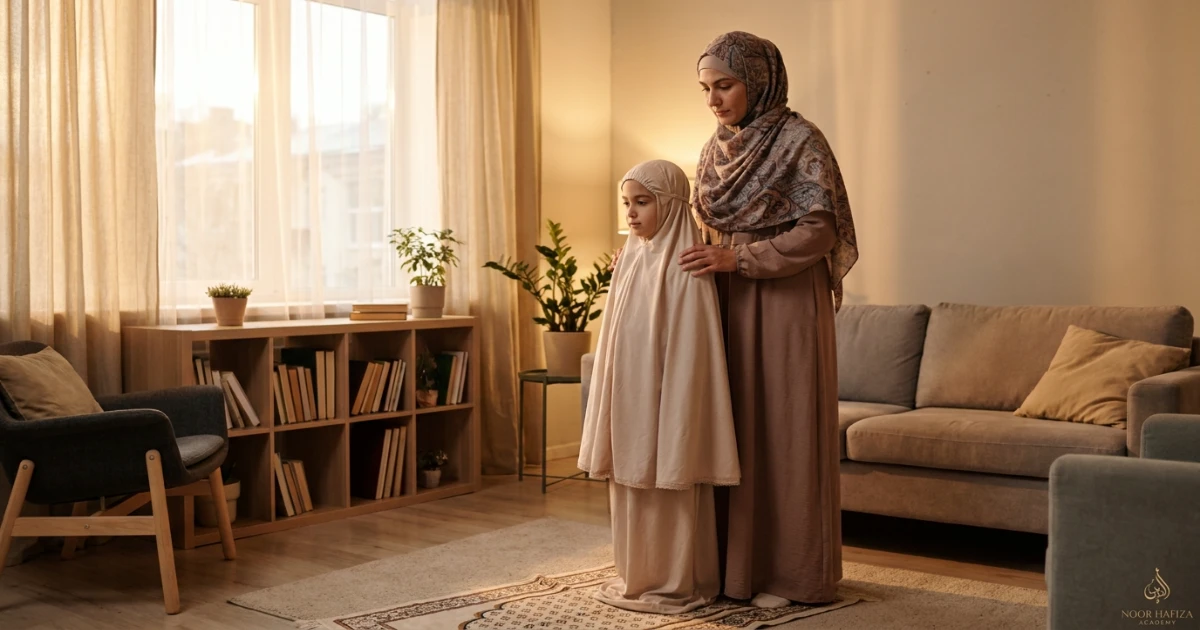 Parent supporting a child with Salah practice and Islamic prayer routine at home