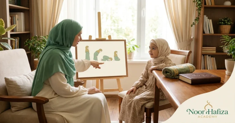 Female Islamic Studies teacher helping a Muslim child learn Salah step by step