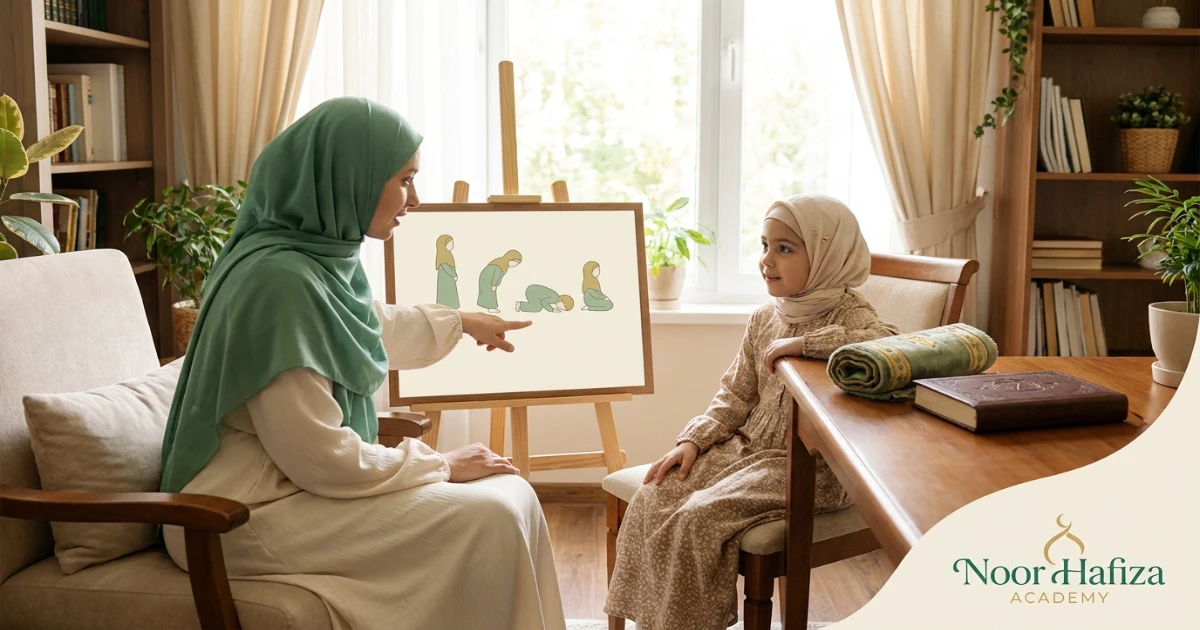 Female Islamic Studies teacher helping a Muslim child learn Salah step by step