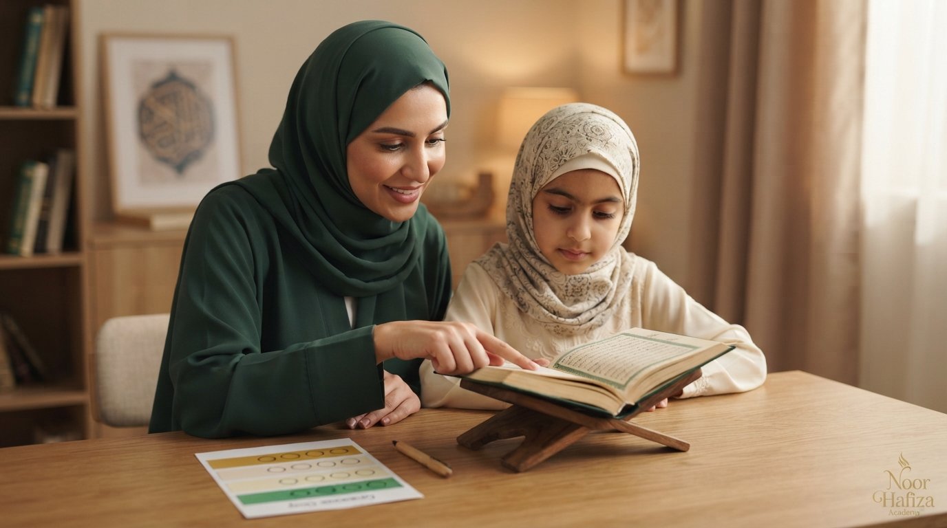 Juz Amma memorization plan for children and beginners with a female Quran teacher helping a young student review short Surahs