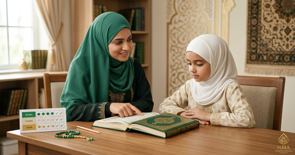 Female Quran teacher helping a Muslim child memorize short Surahs step by step
