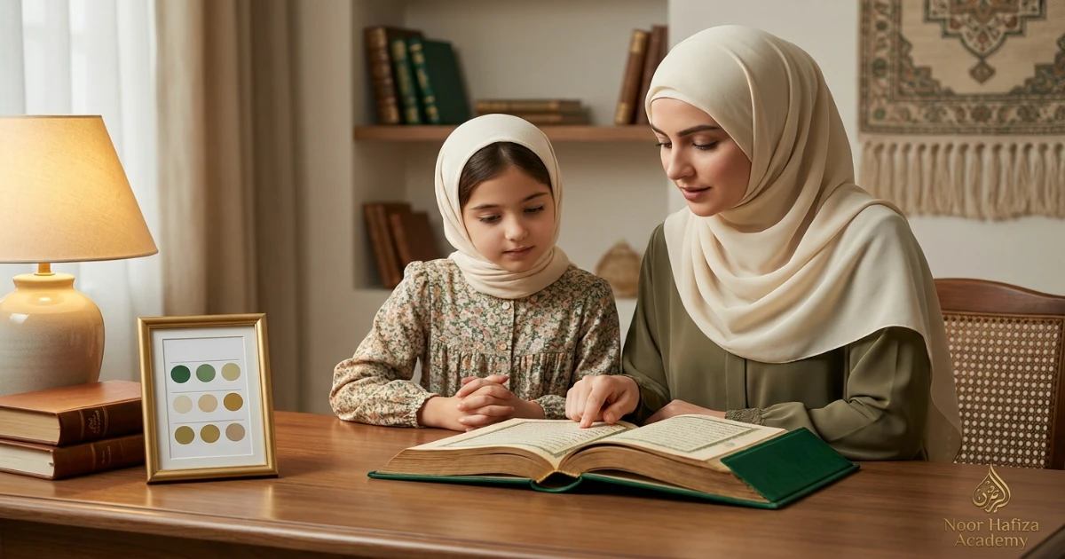 Female Quran teacher correcting a child short Surah memorization and pronunciation