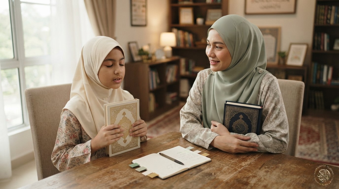 Female Quran teacher listening to a child recite Juz Amma and correcting memorization pronunciation and verse transitions