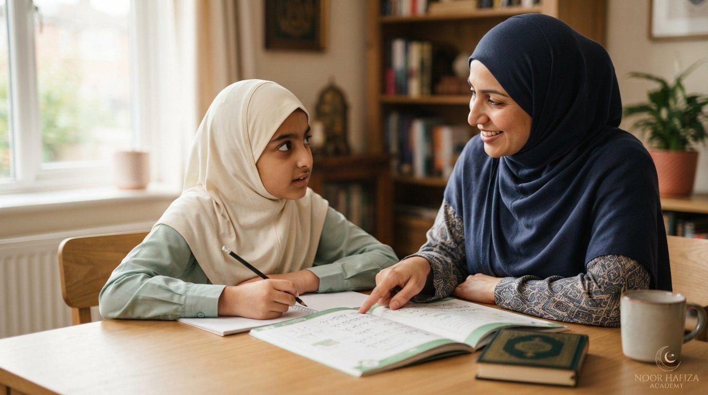 Female Quran teacher guiding a child through a beginner Juz Amma memorization sequence and short Surah reading practice