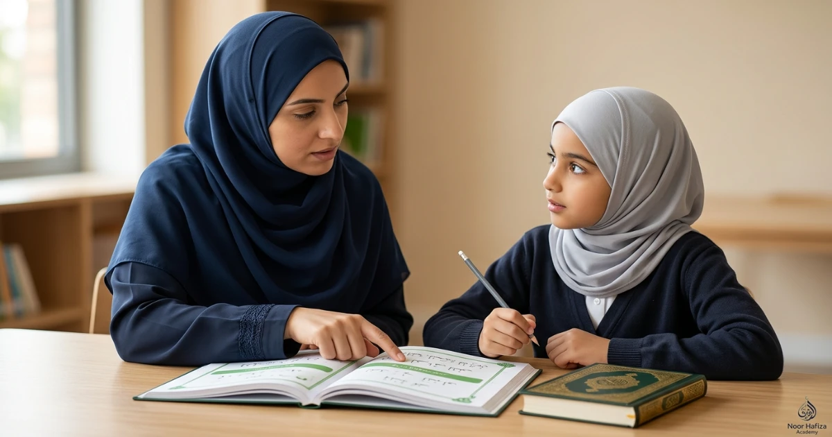 Female Quran teacher helping a child follow Arabic text before memorizing a short Surah