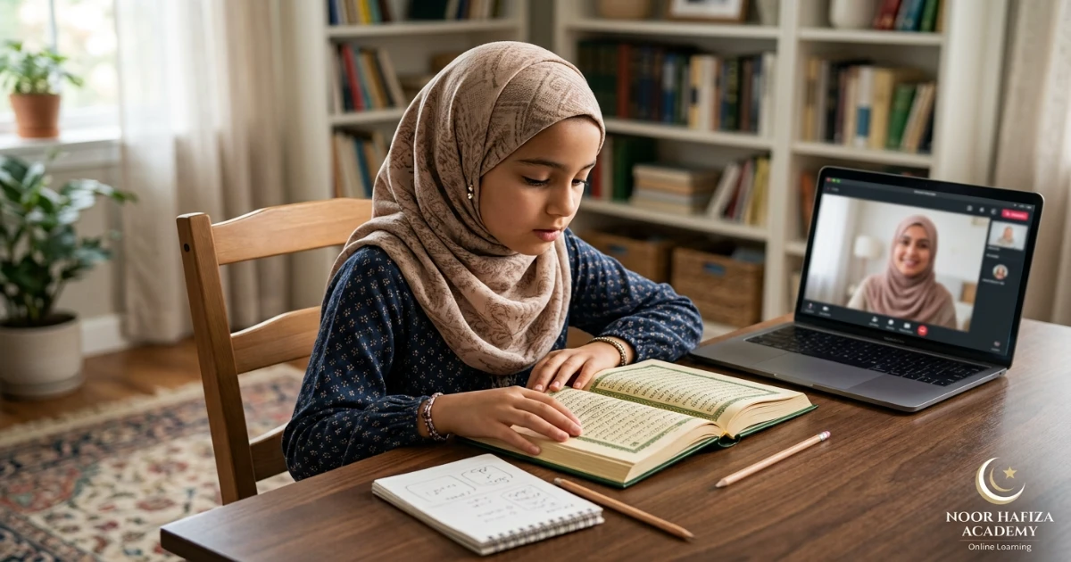 Child learning a short Quran Surah through listening repetition recall and verse connection