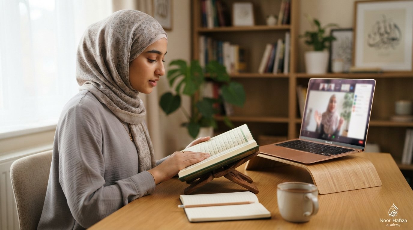 Online Quran memorization lesson showing a learner following a daily Juz Amma Hifz routine with teacher correction