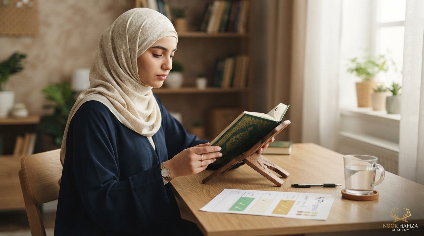 Quran learner reviewing memorized Surahs and tracking Juz Amma retention before moving to new Hifz