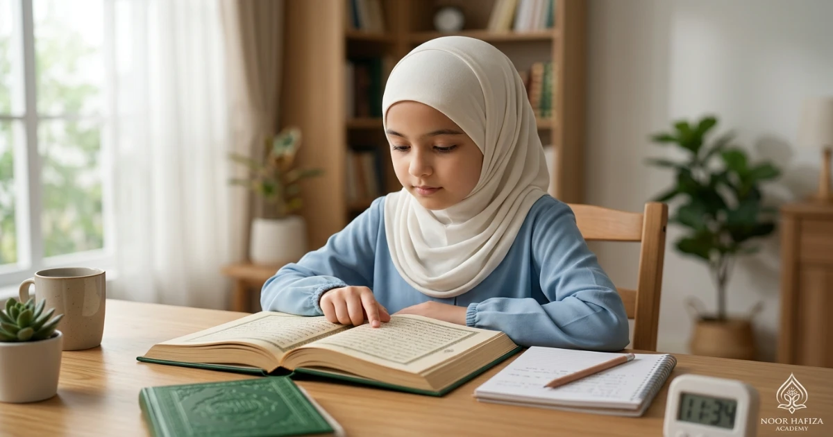 Child-friendly daily Quran memorization routine for short Surahs with review and recall