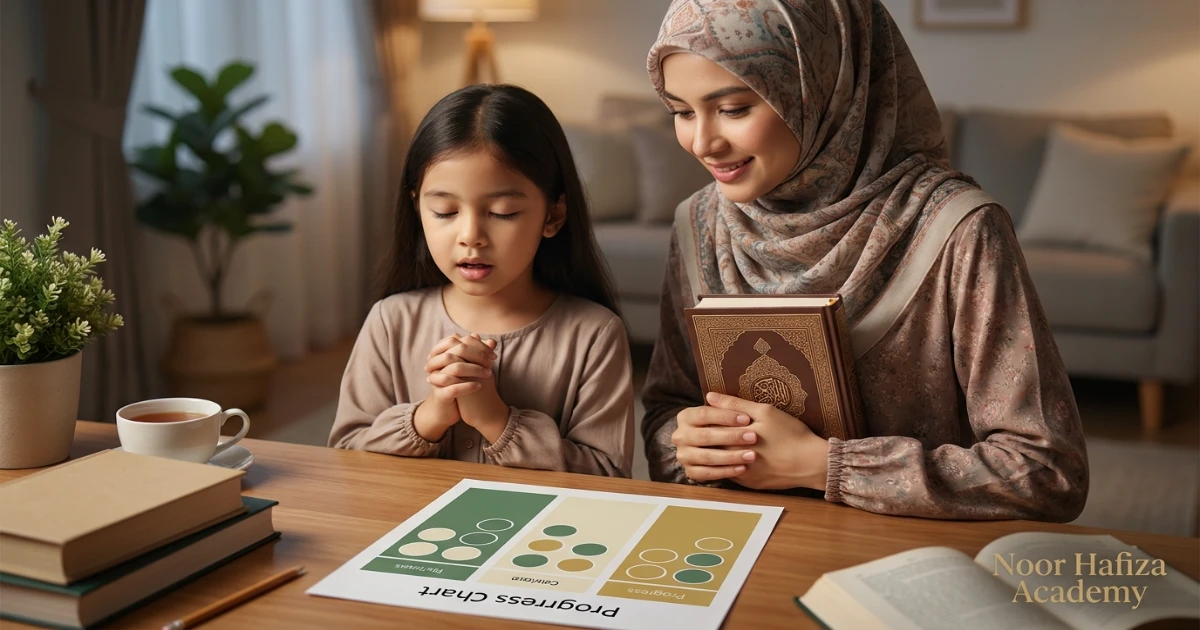 Parent calmly supporting a child with short Surah memorization and Quran review at home